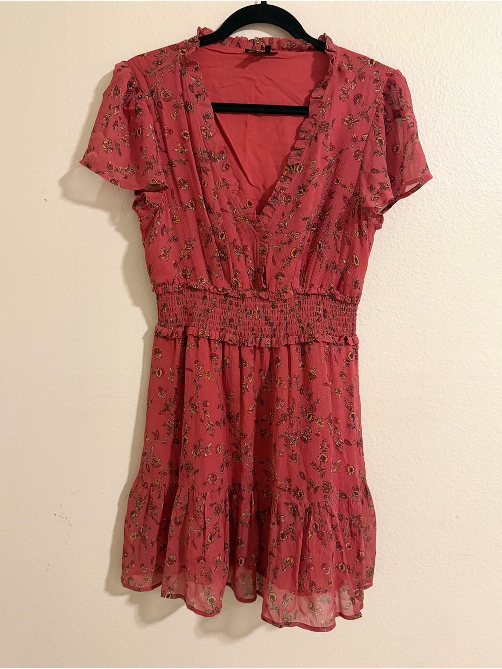 PAIGE Silk brick red floral V-neck smocked-waist mini dress, Size Small